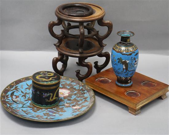 Three pieces of cloisonne and three hardwood stands, largest diameter 30cm